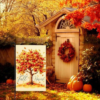 Fall Garden Flag Red Apple Fall Harvest Yard Flag Autumn Tree Maple Leaves Vertical Double Sided Garden Flags Thanksgiving Holiday House Banner Outside Decorations 12x18 Inch