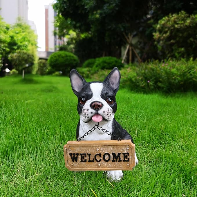 Outdoor French Bulldog Dog Statue with Interchangeable Welcome Sign and Detachable Solar Lantern –LED Light Garden Dog Sculpture Décor, Cute Puppy Design for Yard, Porch, Gift