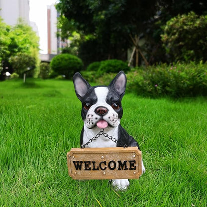 Outdoor French Bulldog Dog Statue with Interchangeable Welcome Sign and Detachable Solar Lantern –LED Light Garden Dog Sculpture Décor, Cute Puppy Design for Yard, Porch, Gift