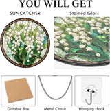 Stained Glass Window Hanging White Green Lily of The Valley 7.8 Inch Wildflowers Suncatcher Glass Panel Boho Window Decor with Chain Round Glass for Garden Wall Birthday Party Gifts