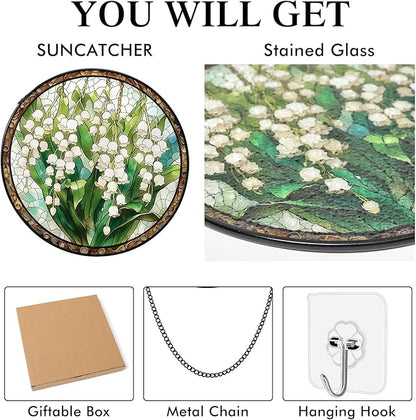 Stained Glass Window Hanging White Green Lily of The Valley 7.8 Inch Wildflowers Suncatcher Glass Panel Boho Window Decor with Chain Round Glass for Garden Wall Birthday Party Gifts