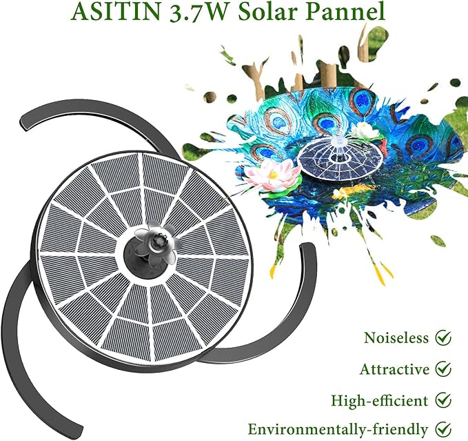 AISITIN 3.7W Solar Bird Bath Fountain Pump, 7.1" Solar Powered Water Fountain Pump for Garden, Ponds, Pool, Fish Tank, Aquarium and Outdoor