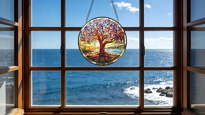 Funoasis Stained Glass Window Hanging 6.3 Inches Suncatcher - The Tree of Life Shines Brightly in The Sunlight Ornaments Sun Catcher Home Decor Women Birthday