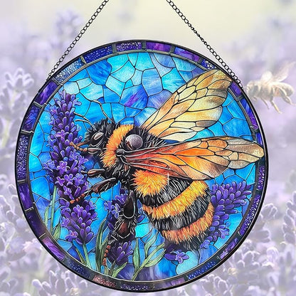 Bee Lavender Handmade Stained Glass Window Hanging Suncatcher,Sun Catchers Diamond Glass Panel Hangings Insect Suncatcher Decor for Home Garden, Wedding, Mother's, Valentine's