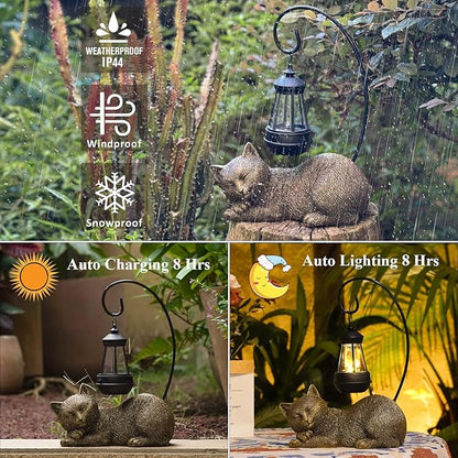 Solar Garden Statue with LED Lights - Cute Sleep Cat Sculpture, Waterproof Resin Ornament for Lawn, Patio, Yard, Balcony & Home Decor, Solar Powered Light for Outdoor and Indoor Spaces