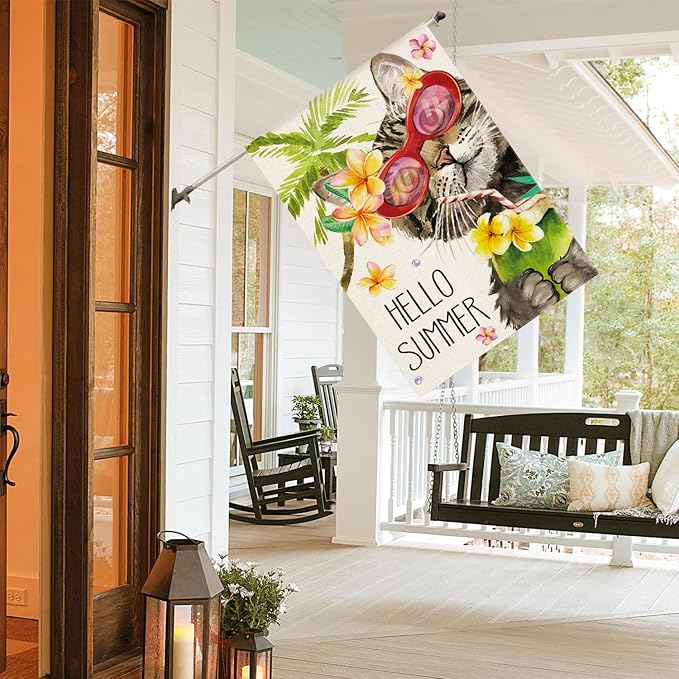 AVOIN colorlife Hello Summer Floral Cat House Flag 28x40 Inch Double Sided Outside, Party Holiday Burlap Yard Outdoor Decoration