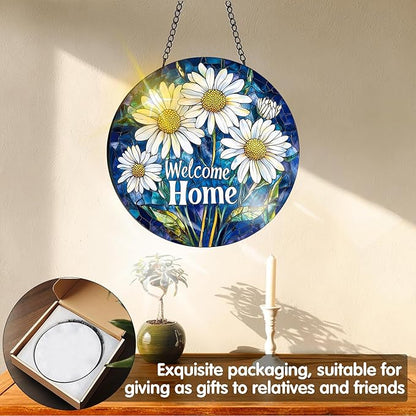 VAIIEYO Welcome Home Stained Glass Window Hanging Ornament, Handmade Sun Catcher Chrysanthemum Decoration with Hooks for Window Garden Home, Mother's Day & Birthday Housewarming Gift (7.8 inch)