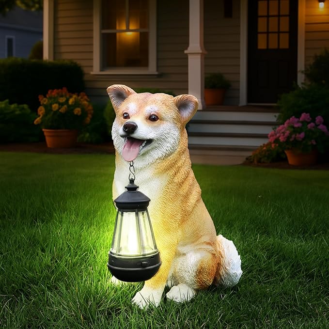 Akita Dog Sculpture with Solar Lantern & Signposts, 'On Patrol' & 'Welcome' - Outdoor Decorative Resin Dog Statue for Yard, Patio, Garden