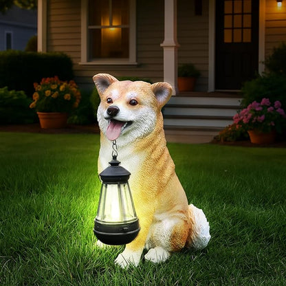 Akita Dog Sculpture with Solar Lantern & Signposts, 'On Patrol' & 'Welcome' - Outdoor Decorative Resin Dog Statue for Yard, Patio, Garden