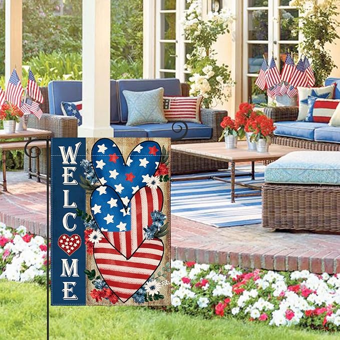 AVOIN colorlife Patriotic 4th of July Welcome Garden Flag 12x18 Inch Double Sided, Memorial Day American Stars and Stripes Love Heart Yard Outdoor Decoration