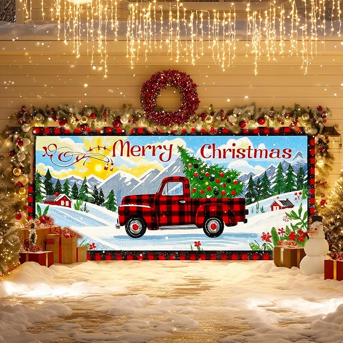 IVN Christmas Garage door banner Red Plaid Truck Christmas Tree Winter Mountain Scene Door Cover Indoor And Outdoor Studio Background Hanging Decoration 13x6ft
