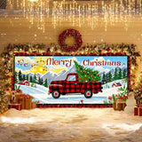 IVN Christmas Garage door banner Red Plaid Truck Christmas Tree Winter Mountain Scene Door Cover Indoor And Outdoor Studio Background Hanging Decoration 13x6ft
