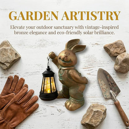 Solar Rabbit Garden Statue with LED Lantern - Outdoor Resin Animal Sculpture, Solar-Powered Waterproof Lawn Decor for Patio, Yard, Porch, Charming Easter Decor for Home & Garden (Bronze)