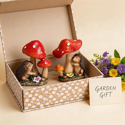 TERESA'S COLLECTIONS Garden Decor, Set of 2 Cute Hedgehogs and Mushrooms Garden Decor, Waterproof Resin Garden Statue, Hedgehogs Gift, Garden Gift for Women Mom, Indoor/Outdoor