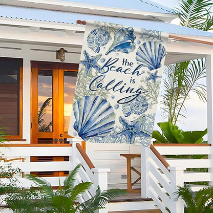 Dyrenson Spring Summer The Beach is Calling 28 x 40 House Flag Double Sided, Coastal Conch Starfish Coral Pearl Garden Yard Decorations, Nautical Seasonal Burlap Outdoor Decor Decorative Large Flag