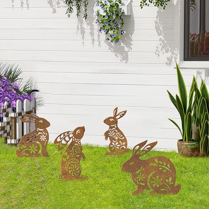 4 Pcs Metal Rabbits Garden Statues, Metal Rusty Yard Art Animals Garden Stakes Rabbit Silhouette,Rabbits Yard Art, Flowerbed Decoration, Outdoor Decor