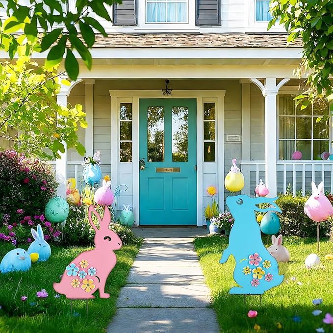 Metal Easter Bunny Yard Sign - 2 Pack Colorful Easter Bunny Lawn Stakes with 3D Flowers Spring Garden Decorations for Outdoor Easter Decor