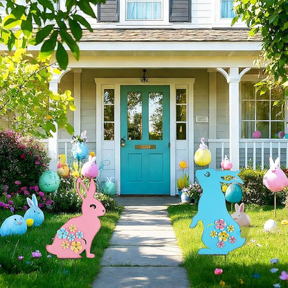 Metal Easter Bunny Yard Sign - 2 Pack Colorful Easter Bunny Lawn Stakes with 3D Flowers Spring Garden Decorations for Outdoor Easter Decor
