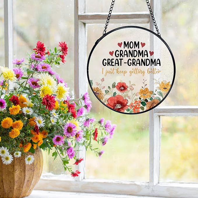 Mom Grandma Flower Suncatchers Stained Glass Window Hanging, Great Grandma Gifts Catchers Indoor Window Glass Round Wall Decor 7.9x7.9in