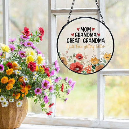Mom Grandma Flower Suncatchers Stained Glass Window Hanging, Great Grandma Gifts Catchers Indoor Window Glass Round Wall Decor 7.9x7.9in
