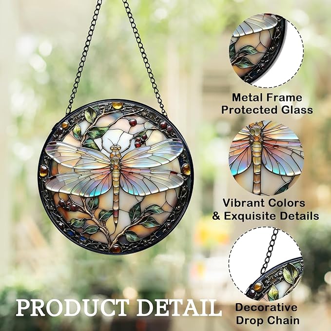 Stained Glass Window Hanging, Dragonfly Plant Suncatcher for Window Doors Garden Home Decoration, Colorful Glass Panel Ornaments for Women,Men,Wife, Lovers, and Mom 7.8x7.8 in