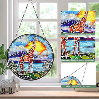 Giraffe Stained Glass Window Hanging Suncatcher with Chain - 7.9" Outdoor/Indoor Art Decor for Home Garden, Thanksgiving, Wedding, Mother's, Valentine's & Christmas Ornaments Present Gifts