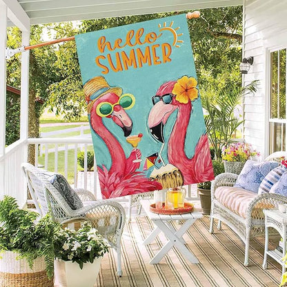 Baccessor Pink Flamingo Hello Summer House Flag Double Sided 28x40 Inch Tropical Beach Summer Welcome Yard Flag Burlap Seasonal Farmhouse Outside Outdoor Decoration