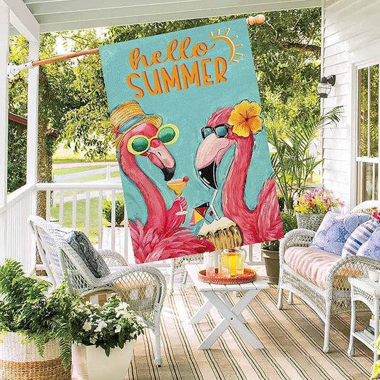 Baccessor Pink Flamingo Hello Summer House Flag Double Sided 28x40 Inch Tropical Beach Summer Welcome Yard Flag Burlap Seasonal Farmhouse Outside Outdoor Decoration