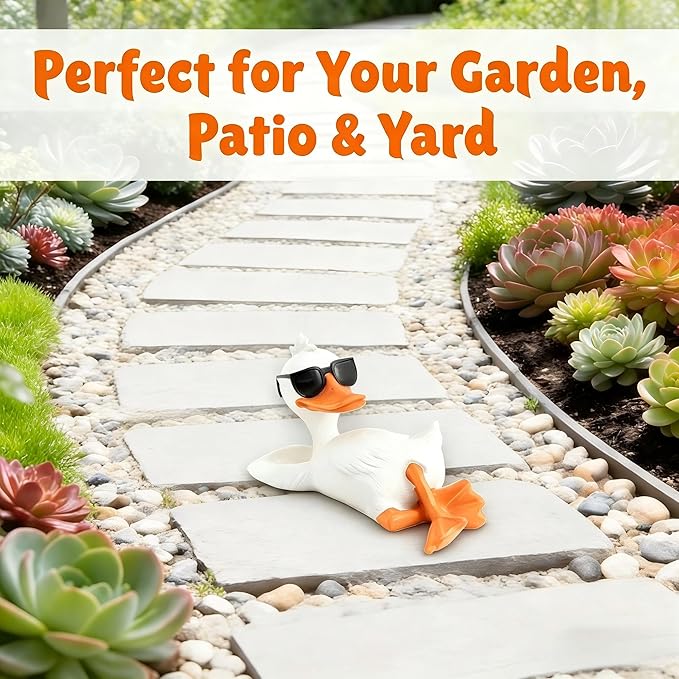 Drunk Duck Outdoor Statues Ornament, Resin Funny Relaxed Duck Sculpture Figurine with Sunglasses for Yard, Lawn, Patio, Porch, and Landscape Decor, White