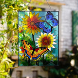 VinSees Large 15 * 11 Inch Butterfly Stained Glass Windows Hanging, Glass Panel and Metal Chains,Large Size Sun Catchers for Windows Hanging. Butterfly Wall Decorations for Balcony or Yard.