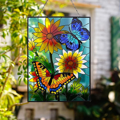 VinSees Large 15 * 11 Inch Butterfly Stained Glass Windows Hanging, Glass Panel and Metal Chains,Large Size Sun Catchers for Windows Hanging. Butterfly Wall Decorations for Balcony or Yard.