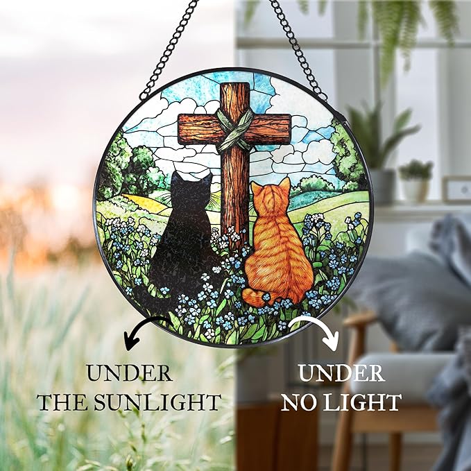 Cat Cross Stained Glass Window Hanging Suncatcher Gifts for Women, Christian Forget Me Not Sun Catcher Indoor Window Decor, Rustic Cats Painted Glass Wall Hanging Decorations 7.8x7.8 in