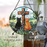 Cat Cross Stained Glass Window Hanging Suncatcher Gifts for Women, Christian Forget Me Not Sun Catcher Indoor Window Decor, Rustic Cats Painted Glass Wall Hanging Decorations 7.8x7.8 in