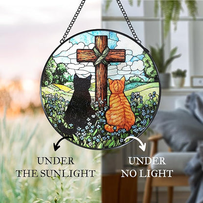 Cat Cross Stained Glass Window Hanging Suncatcher Gifts for Women, Christian Forget Me Not Sun Catcher Indoor Window Decor, Rustic Cats Painted Glass Wall Hanging Decorations 7.8x7.8 in