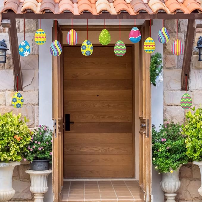 16 Pieces Easter Egg Outdoor Hanging Ornaments Easter Outdoor Decorations Happy Easter Hanging Porch & Tree Yard Lawn Decor - Double-Side Printed