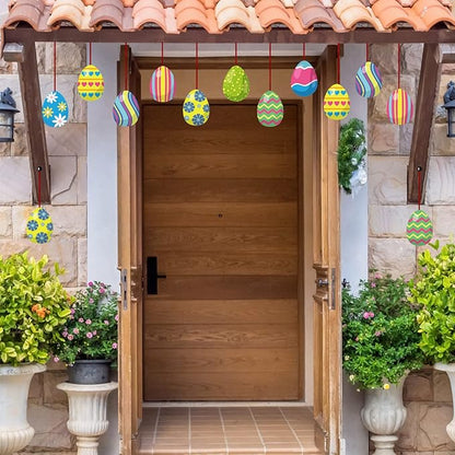 16 Pieces Easter Egg Outdoor Hanging Ornaments Easter Outdoor Decorations Happy Easter Hanging Porch & Tree Yard Lawn Decor - Double-Side Printed