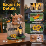 Garden Squirrel Welcome Sign with Solar Lantern, Decorative Outdoor Statue for Porch, Patio or Garden with Butterfly and Sunflowers