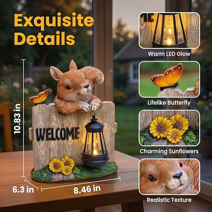 Garden Squirrel Welcome Sign with Solar Lantern, Decorative Outdoor Statue for Porch, Patio or Garden with Butterfly and Sunflowers