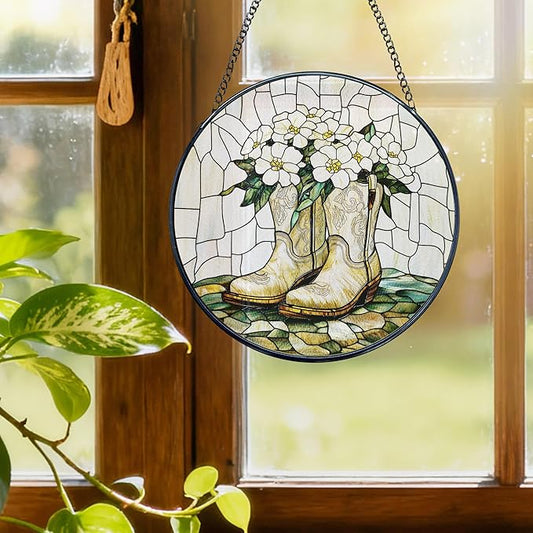 Western Cowgirl Stained Glass Window Hanging, Flower Cowgirl Boots Suncatchers, Western Cowboy Sun Catchers Indoor Window Glass Wall Art Hanging Decorations, 7.9x7.9in