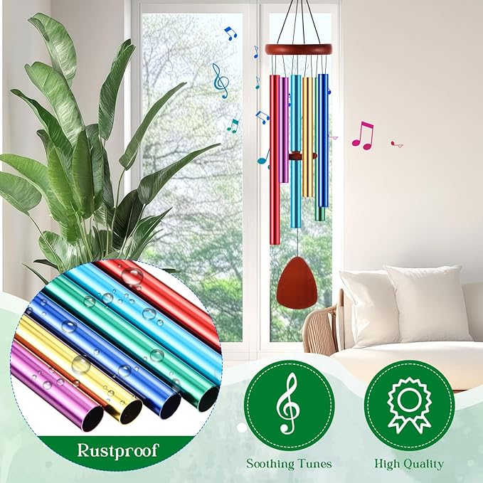 Leinuosen Wind Chimes for Outside Wind Chimes Outdoors Deep Tones 28" with 6 Aluminum Tubes Memorial Sympathy Windchime for Valentine Tree Decor Garden Courtyard Mom Loved One Gifts(Classic,Colorful)