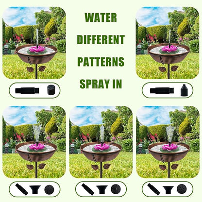 Solar Bird Bath Fountain with Lotus Flower | 7V 1.4W Powerful Pump, 5 Nozzles, 9.8FT Cord for Stable Sunlight | Floating Garden Water Fountain for Pond, Patio, Outdoor Decor