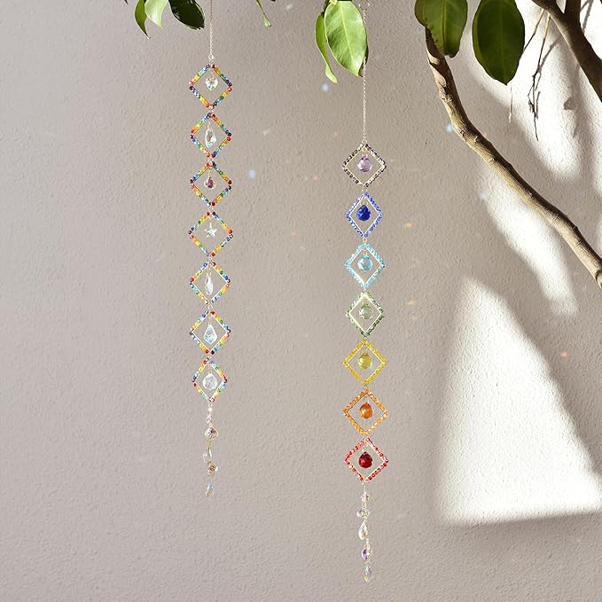 7 Chakra Crystal Light Catcher - Handwoven Sun Catcher with Geometric Metal Frames, Rainbow Maker for Windows, Garden & Balcony Decor, Rainbow Crystal Beads, 7-Tier (Colorful Colors)