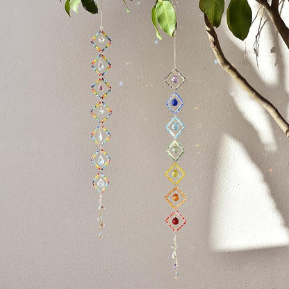 7 Chakra Crystal Light Catcher - Handwoven Sun Catcher with Geometric Metal Frames, Rainbow Maker for Windows, Garden & Balcony Decor, Rainbow Crystal Beads, 7-Tier (Colorful Colors)