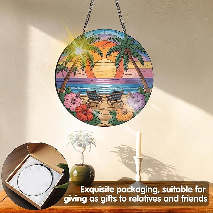 VAIIEYO Beach Sun Catcher Stained Glass Window Hanging Ornament, Handmade Summer Sun Catcher Chair Decoration with Hooks for Window Garden Home, Mother's Day & Birthday Housewarming Gift (7.8 inch)