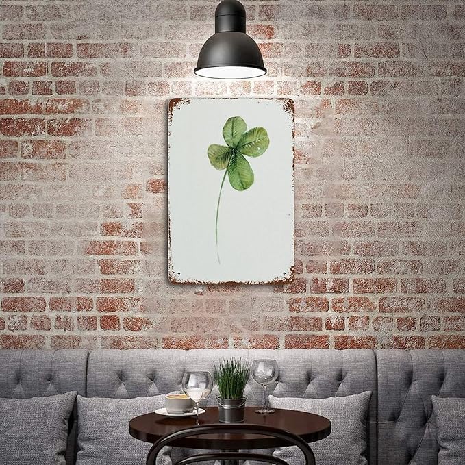 Antique Metal Tin Sign Four Leaf Clover Art Decor Good Luck Charm Decor Green Nature Wildlife Watercolor Aluminum Metal Sign Meadow Flower Modern Floral Garden Home Decor 8x5.5 Inch
