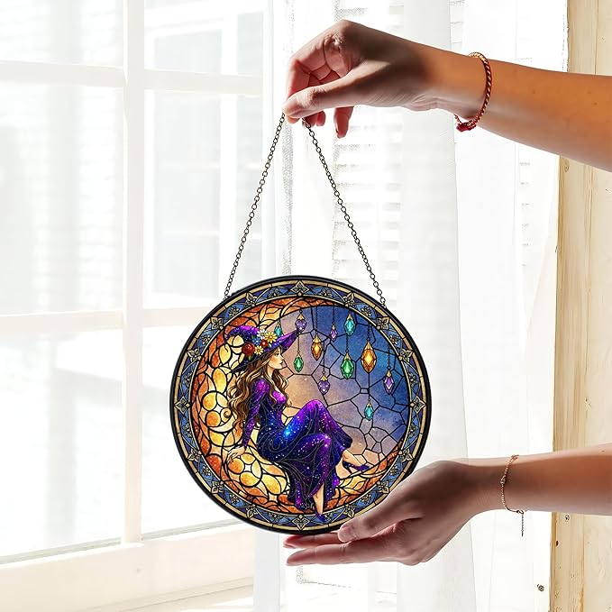 7.8" Moonlight Witch Suncatcher Stained Glass Window Hanging Mystical Witchy Sun Catchers Halloween Ornaments Wall Art Door Garden Room Home Decor Birthday for Teens Women