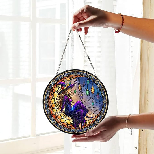 7.8" Moonlight Witch Suncatcher Stained Glass Window Hanging Mystical Witchy Sun Catchers Halloween Ornaments Wall Art Door Garden Room Home Decor Birthday for Teens Women