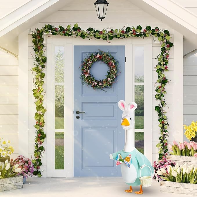 FuWeave Easter Bunny Goose Outfit Easter Egg Porch Goose Costume for Cement Plastic Geese Statue Spring Outdoor Garden Yard Patio Decoration(Baby Blue,17 Inches,Cute Bunny)