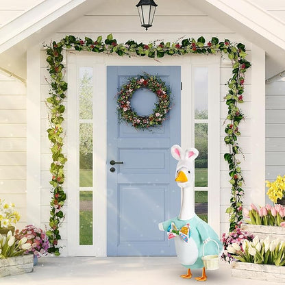 FuWeave Easter Bunny Goose Outfit Easter Egg Porch Goose Costume for Cement Plastic Geese Statue Spring Outdoor Garden Yard Patio Decoration(Baby Blue,17 Inches,Cute Bunny)