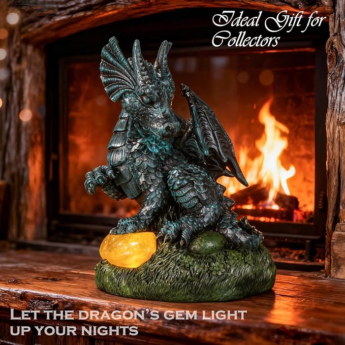 Dragon Statue Outdoor Decor, Porch Dragon Statue with Precious Stone Light - 7.8 inch Lawn Ornaments, Perfect Patio Decor & Yard Decorations Outdoor